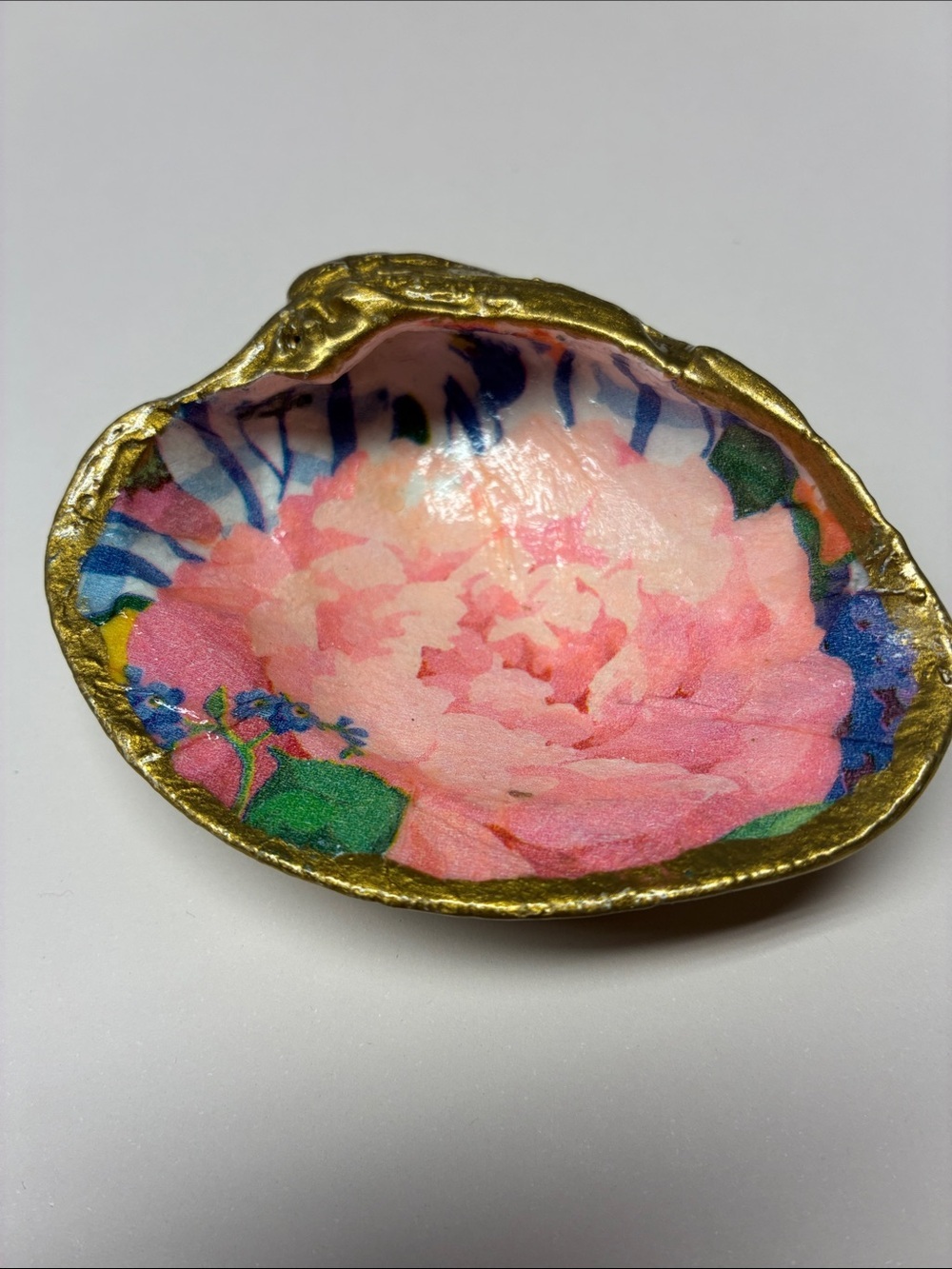 Hand Crafted Blush Peony Shell Ring Dish Romantic Cottage